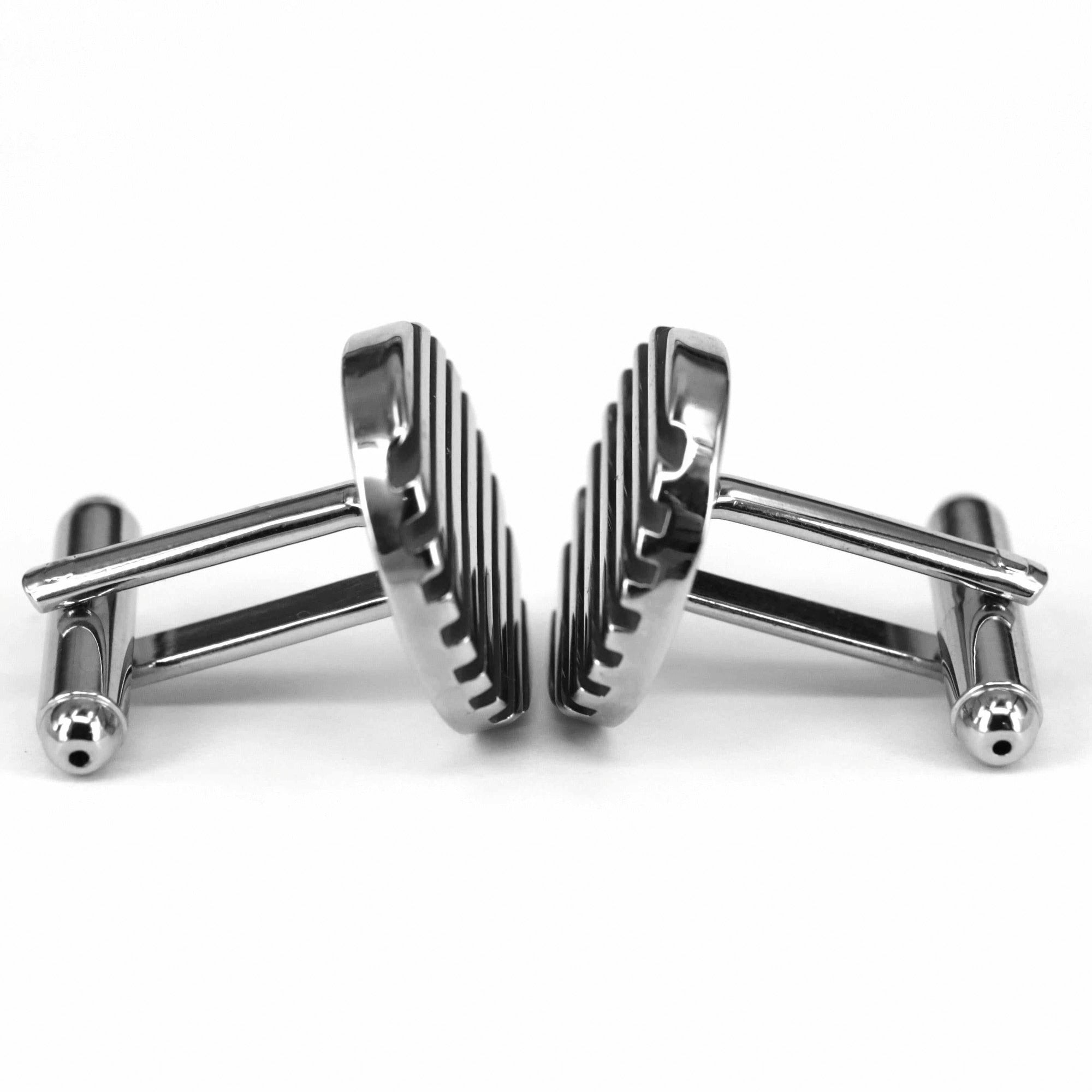 Black Horizontal Stripe Cufflinks showcasing silver and black enamel stripes, perfect for modern formal attire.