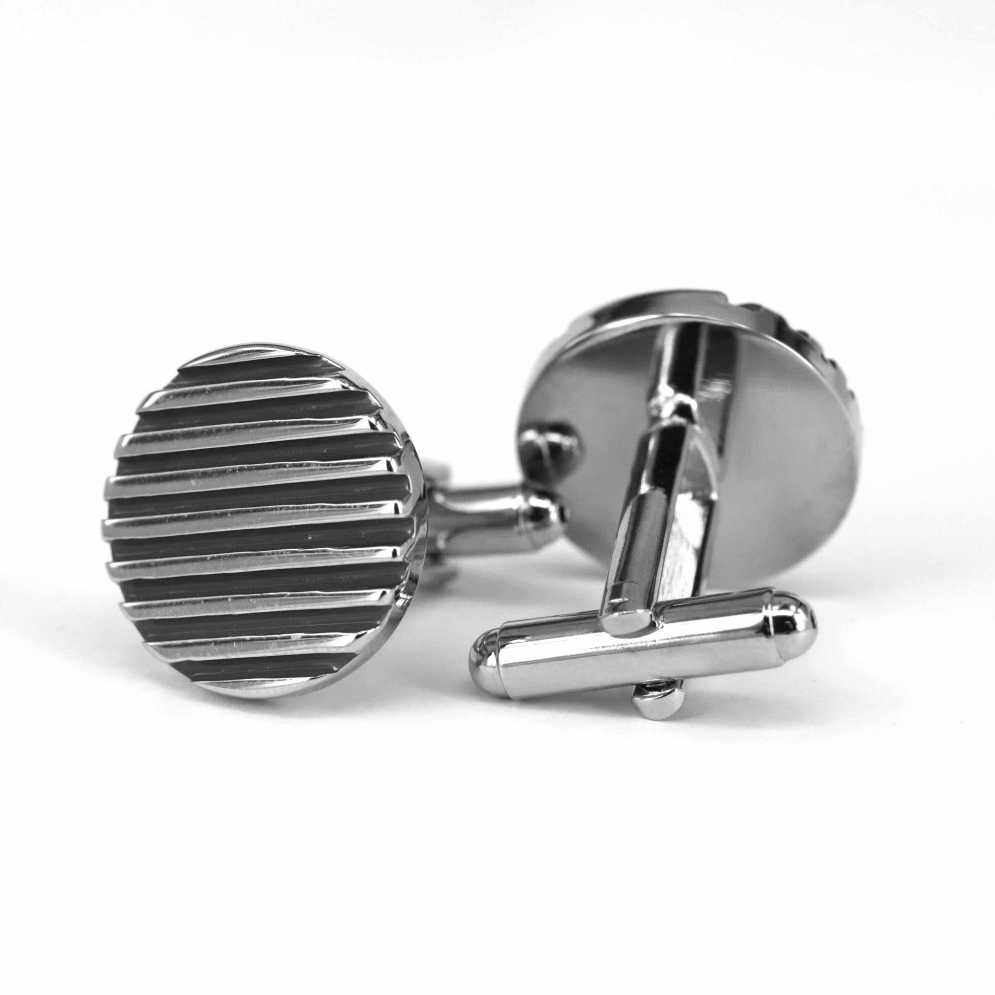 Black Horizontal Stripe Cufflinks showcasing a striking silver and black enamel design, perfect for formal attire.