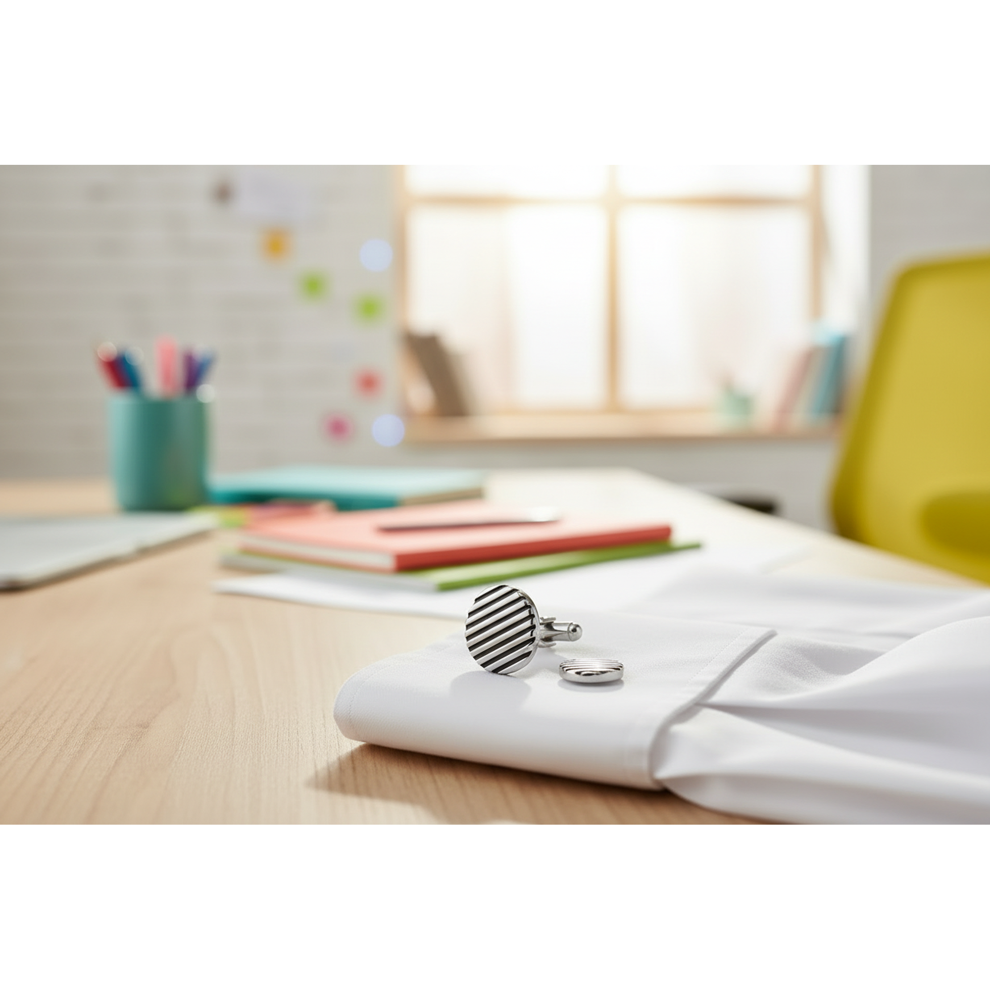 Black horizontal stripe cufflinks on a white shirt, showcasing modern style in a contemporary workspace.