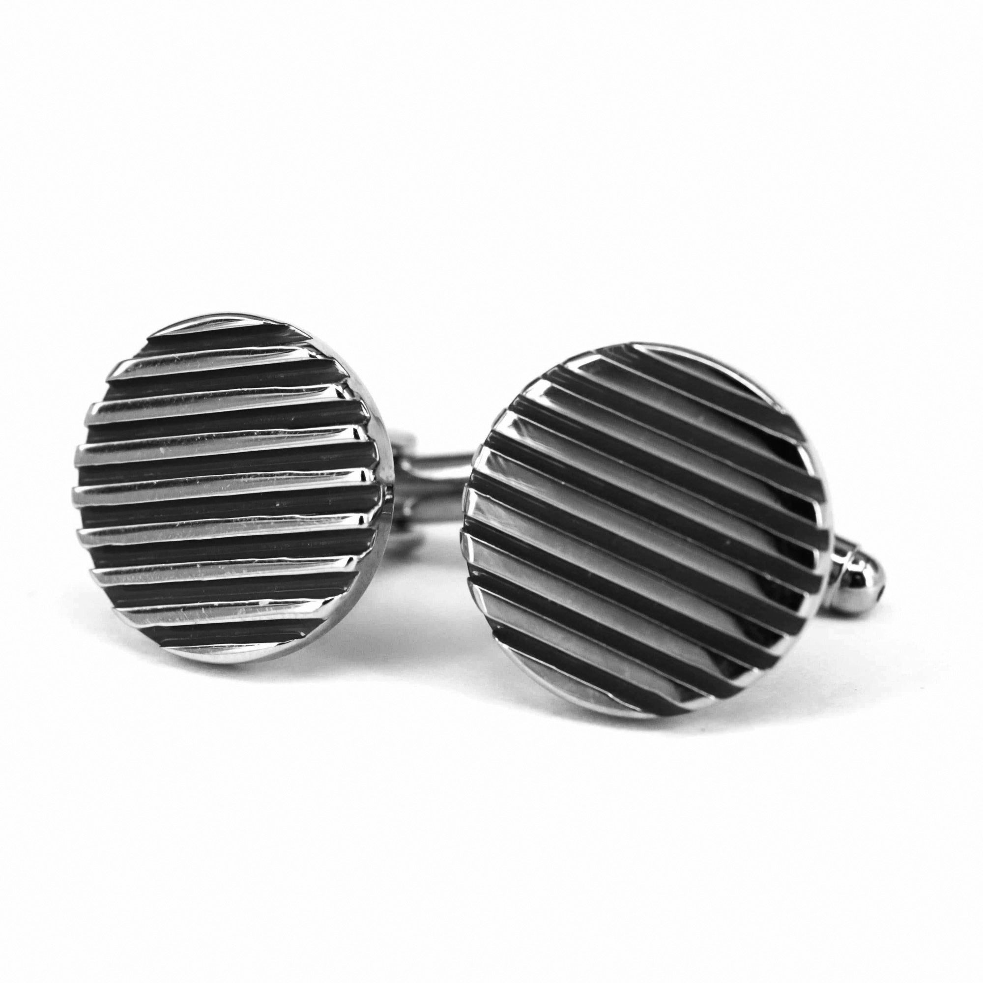 Black Horizontal Stripe Cufflinks featuring a striking round design with silver and black enamel.
