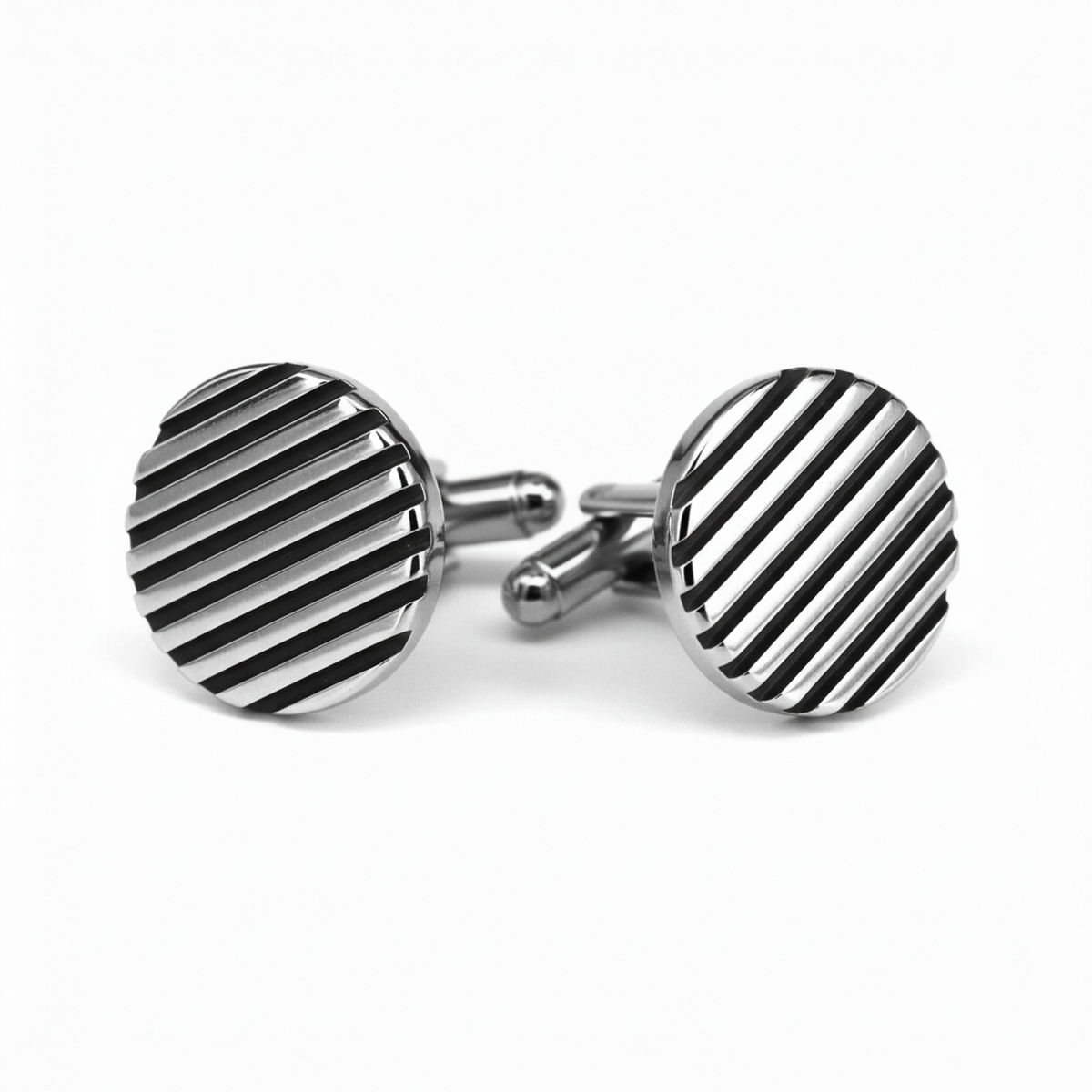 Black Horizontal Stripe Cufflinks featuring silver and black enamel design for a stylish touch.