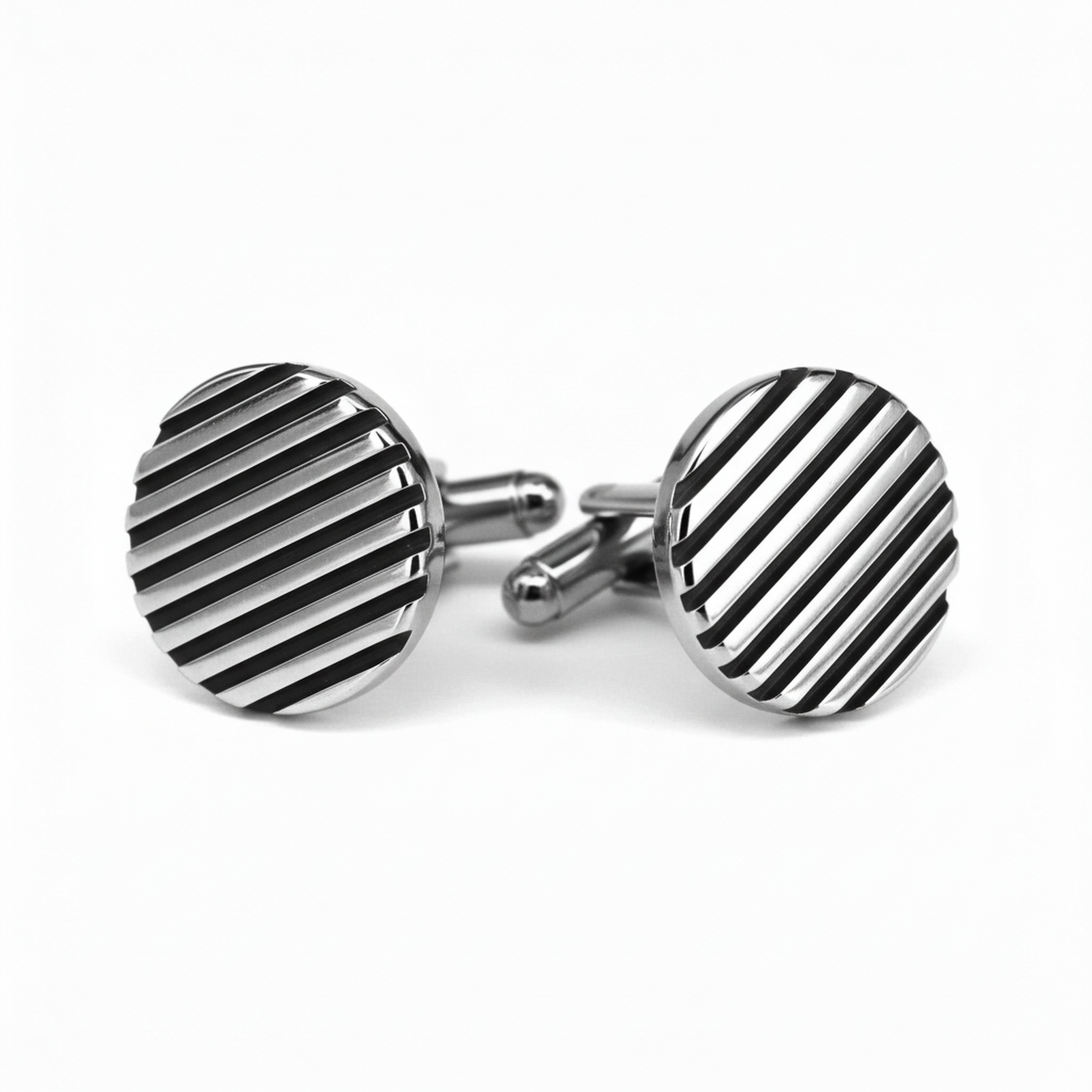 Black Horizontal Stripe Cufflinks featuring silver and black enamel design for a stylish touch.