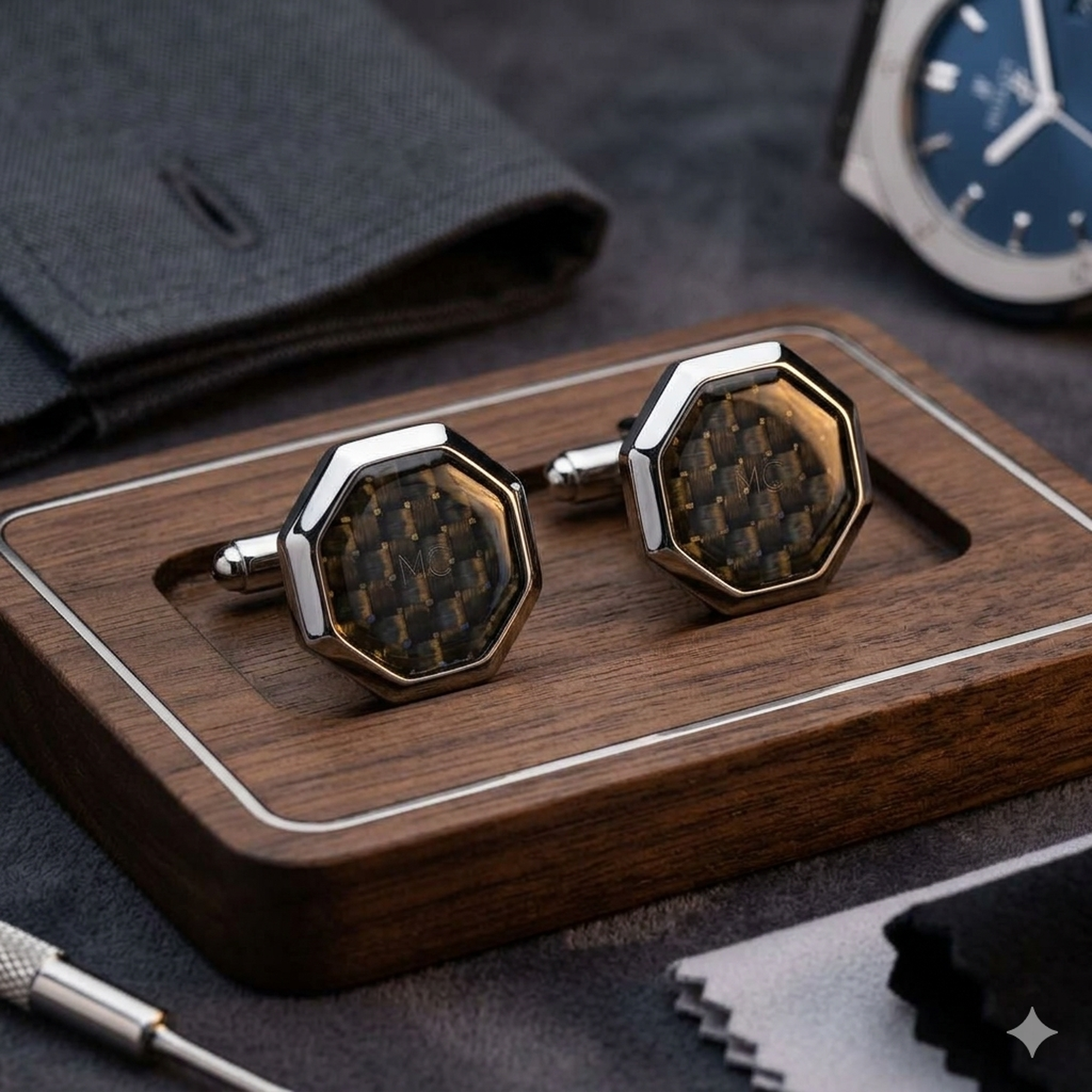 Octagonal Carbon Fibre Gold & Black  Cufflinks Marzthomson