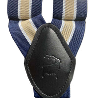 Orobianco stripe suspender featuring blue, yellow, and white stripes with leather detailing.