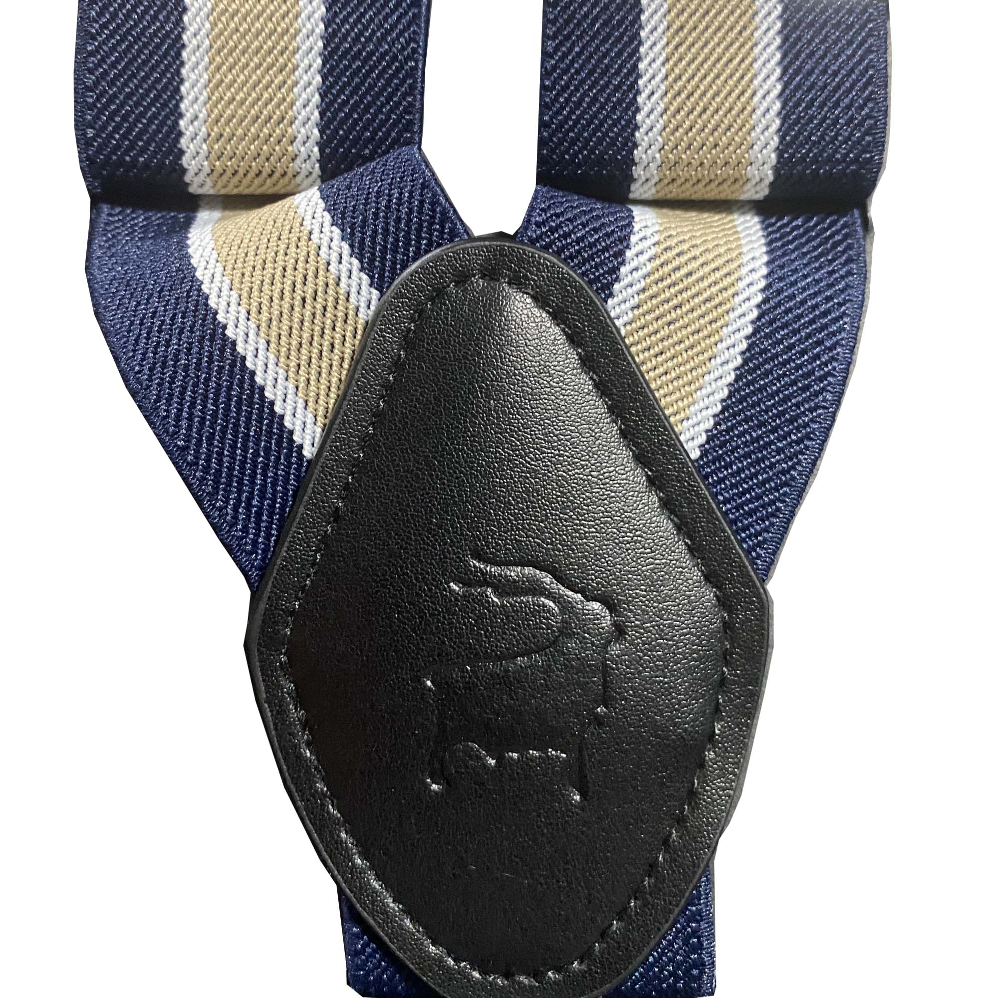 Orobianco stripe suspender featuring blue, yellow, and white stripes with leather detailing.