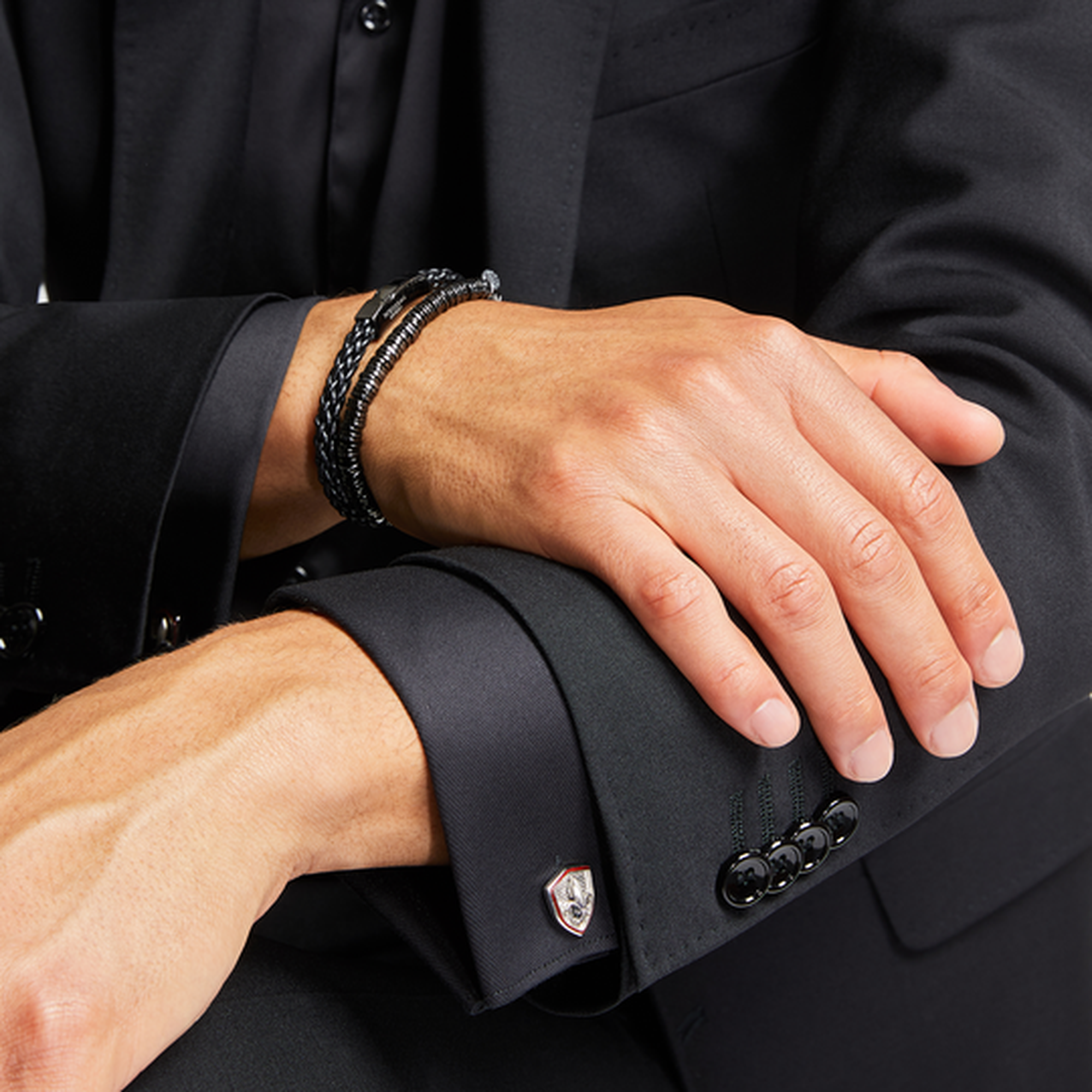 Click Trenza Bracelet in Italian Black Leather with Black Rhodium Plated Sterling Silver-Bracelets-Tateossian-Cufflinks.com.sg