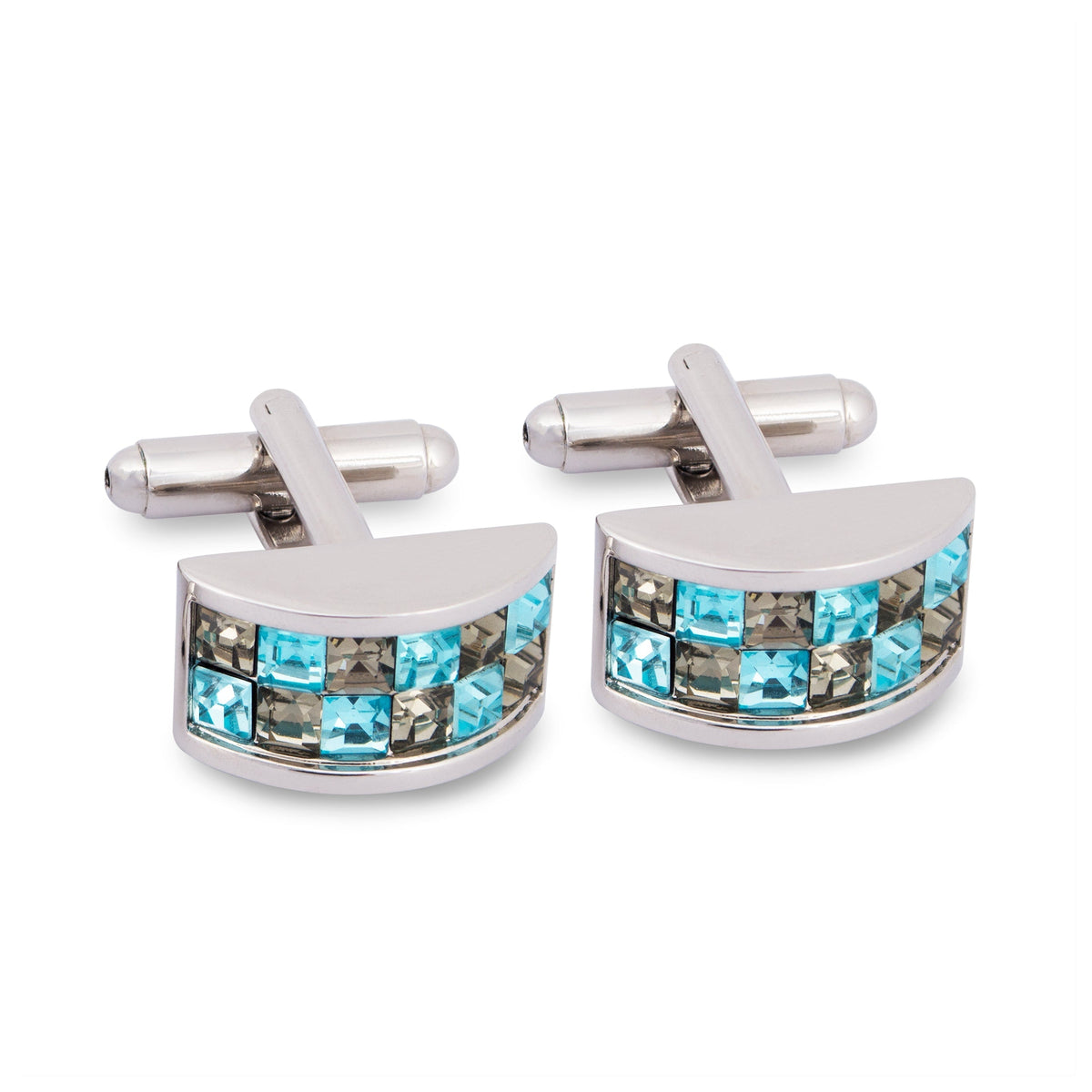 Cyan and Grey Crystal D-Shaped Cufflink-Cufflinks.com.sg
