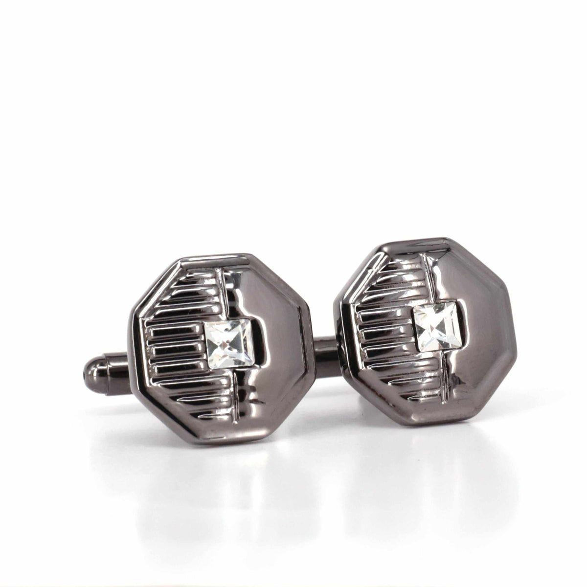 Gunmetal Hexagon with 1 clear diamond crystal Cufflinks-Classic Cufflinks-MarZthomson-Cufflinks.com.sg
