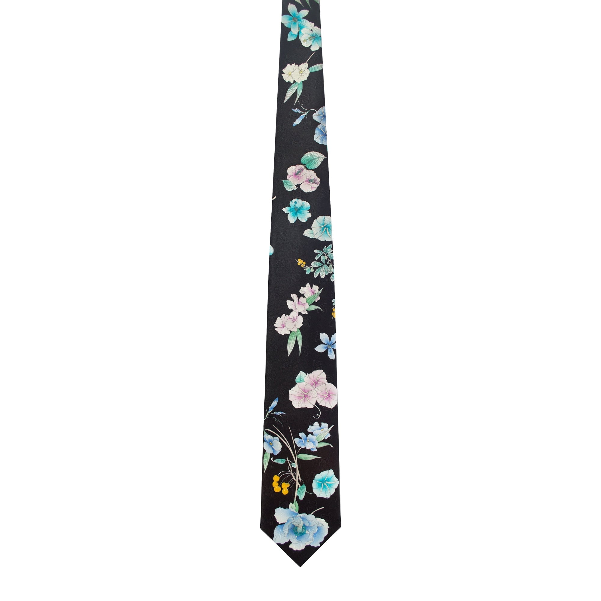 Leonard Black Silk Satin 8cm Tie with Floral and Yellow Cherry Prints-Cufflinks.com.sg | Neckties.com.sg