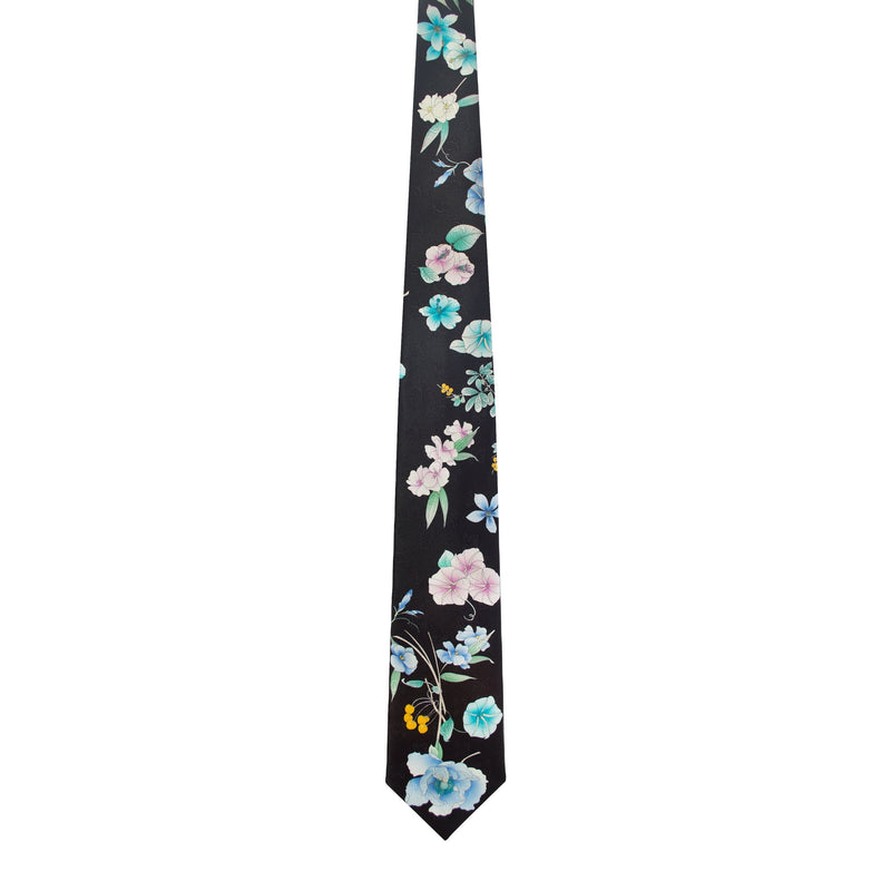 Leonard Black Silk Satin 8cm Tie with Floral and Yellow Cherry Prints-Cufflinks.com.sg | Neckties.com.sg