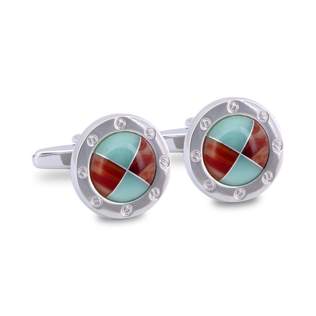MarZthomson Blue and Red Round Cufflinks with Silver Screw Head Border-Cufflinks.com.sg