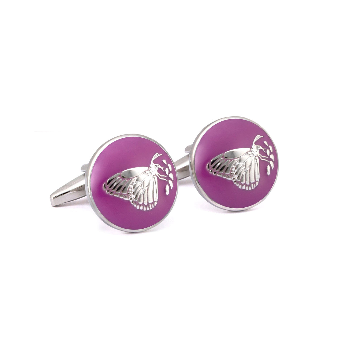 MarZthomson Botanic Series - Round Silver Butterfly Cufflinks in Purple-Cufflinks.com.sg