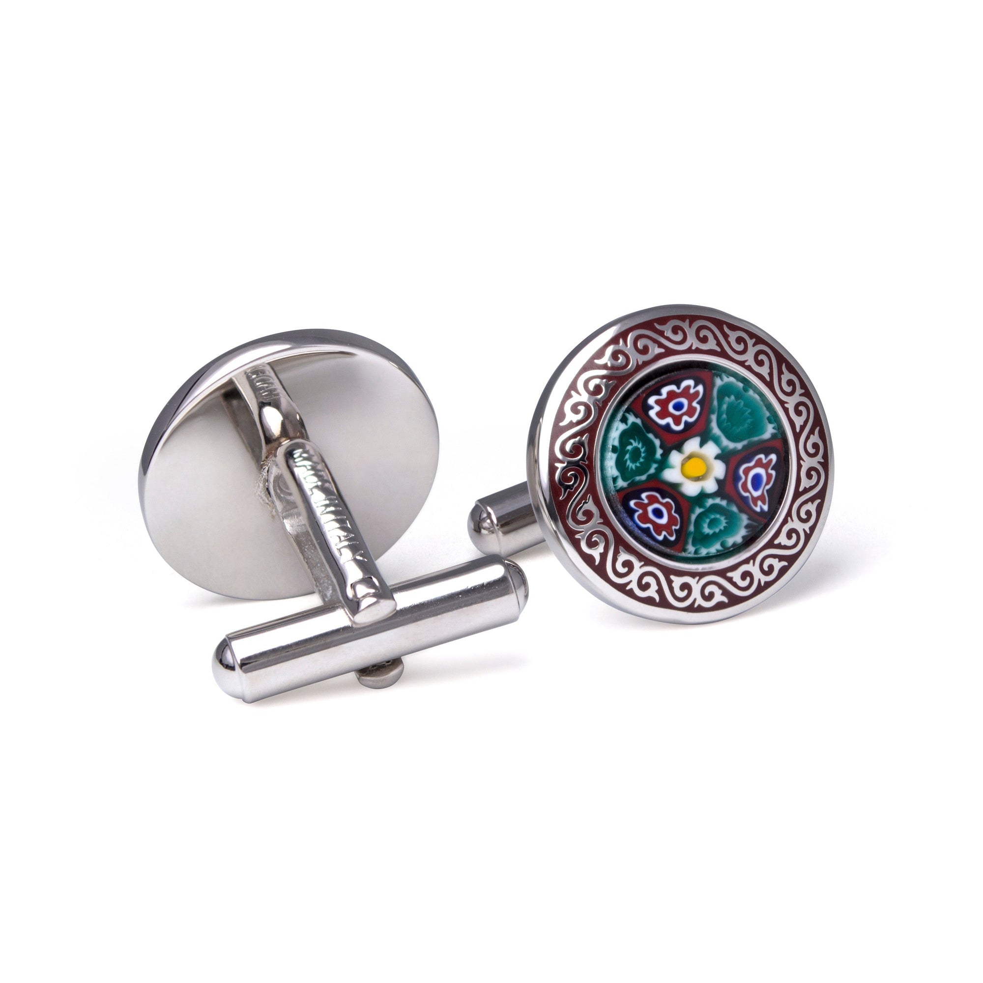 Maroon Round Murano Glass Cufflinks with Maroon Enamel-Cufflinks.com.sg