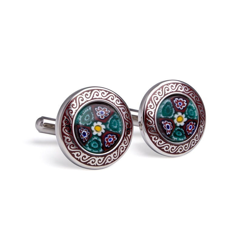 Maroon Round Murano Glass Cufflinks with Maroon Enamel-Cufflinks.com.sg