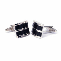MarzThomson D Shape with 2 Black Fiber Optic Stripe Cufflinks-Cufflinks-MarZthomson-Cufflinks.com.sg