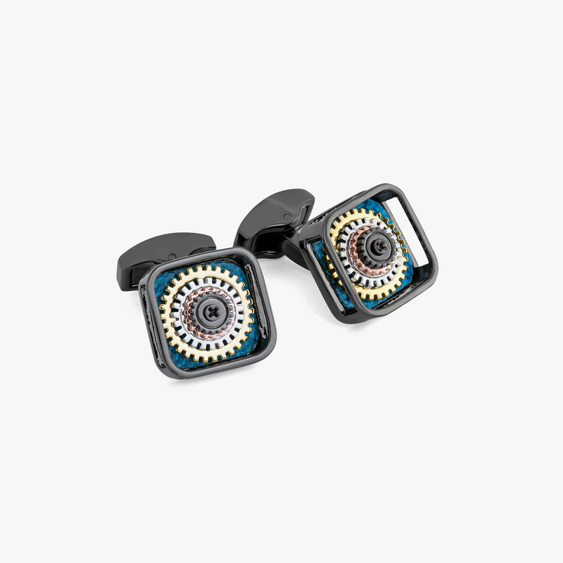 Pagoda Gear Cufflinks with Rhodium Finish - Dark Grey-Cufflinks-Tateossian-Cufflinks.com.sg