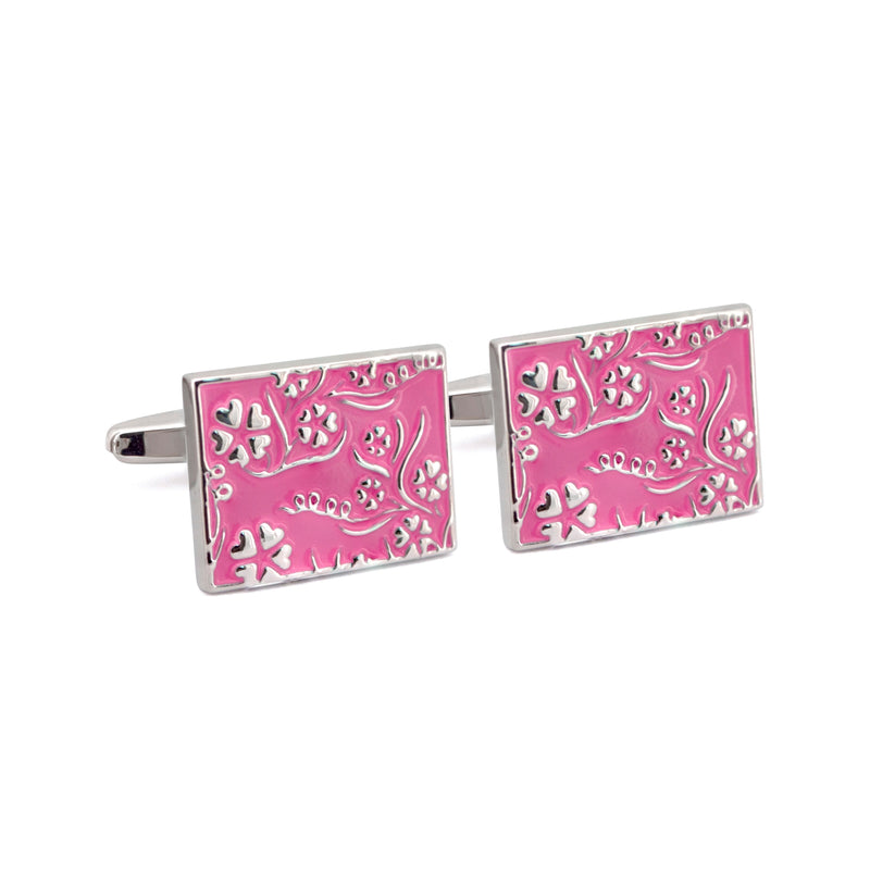 Pink Rectangle Cufflinks with Silver Floral Details F-Cufflinks.com.sg