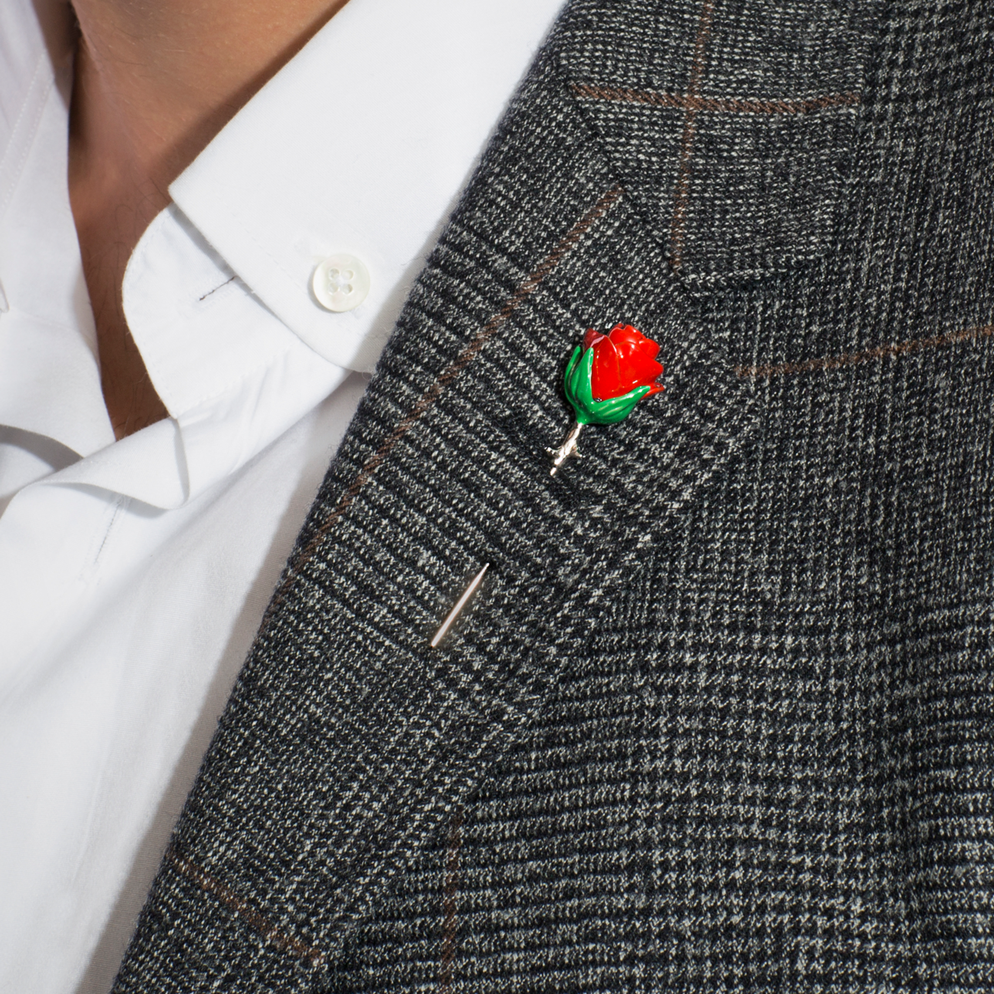 Red Rhodium Plated Rose Lapel Pin-Lapel Pin-Tateossian-Cufflinks.com.sg