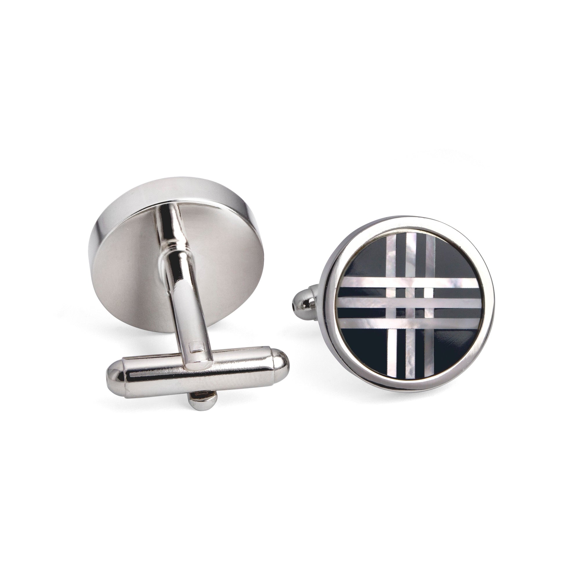 Round Black Cufflinks with White Mother of Pearl Lines Cufflinks-Cufflinks.com.sg