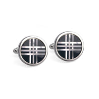 Round Black Cufflinks with White Mother of Pearl Lines Cufflinks-Cufflinks.com.sg