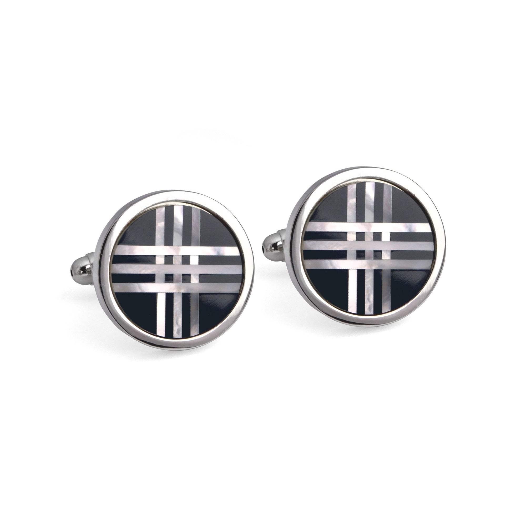 Round Black Cufflinks with White Mother of Pearl Lines Cufflinks-Cufflinks.com.sg