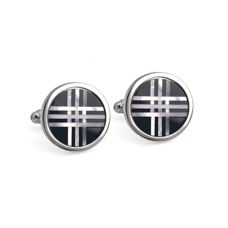 Round Black Cufflinks with White Mother of Pearl Lines Cufflinks-Cufflinks.com.sg
