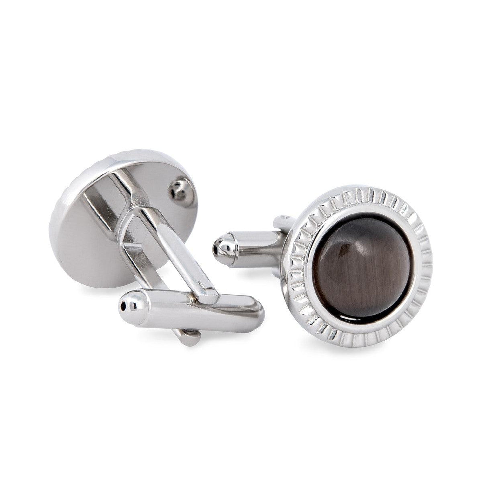 Round Brown Catseye Cufflinks with Detailed Cut Rim-Cufflinks.com.sg