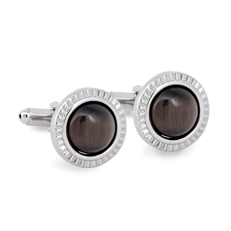 Round Brown Catseye Cufflinks with Detailed Cut Rim-Cufflinks.com.sg