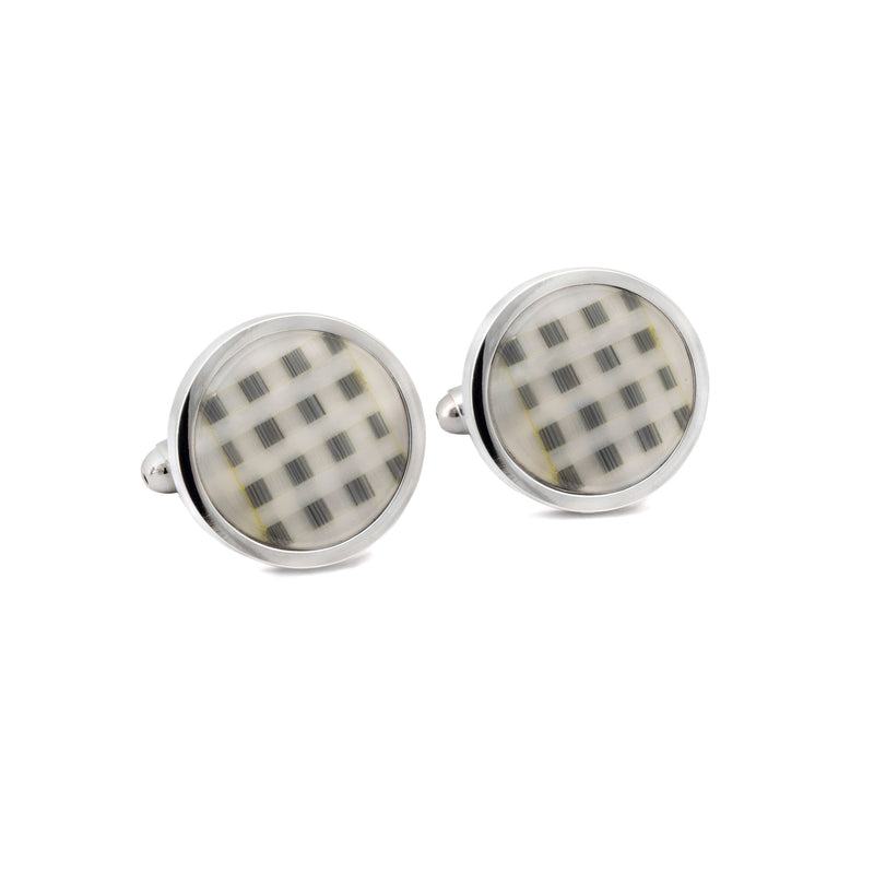 Round Fibre Optic Glass Black and Off White Checks Cufflinks-Cufflinks.com.sg