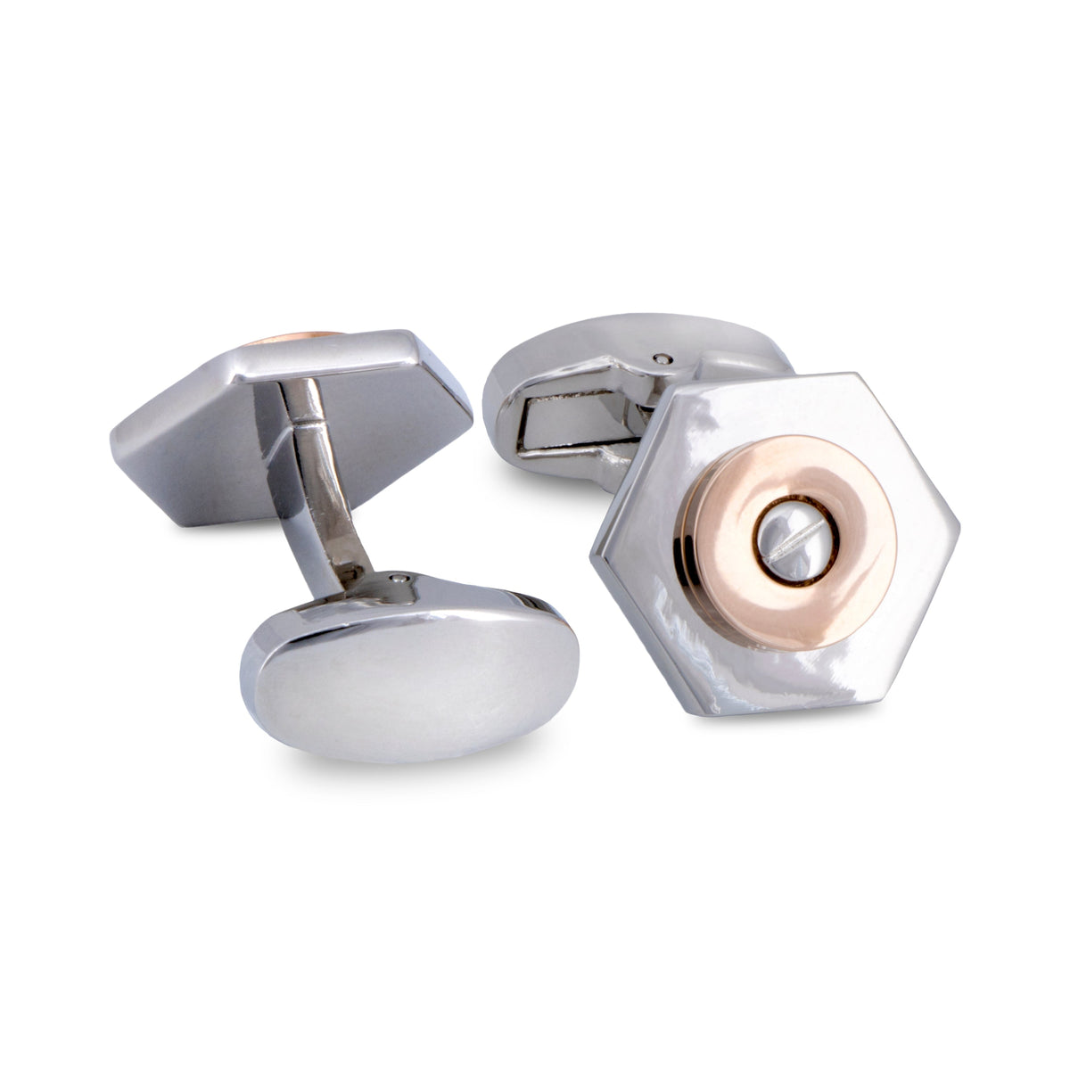 Silver Hexagon with Rose Gold Screw Top Centrepiece Cufflinks-Cufflinks.com.sg