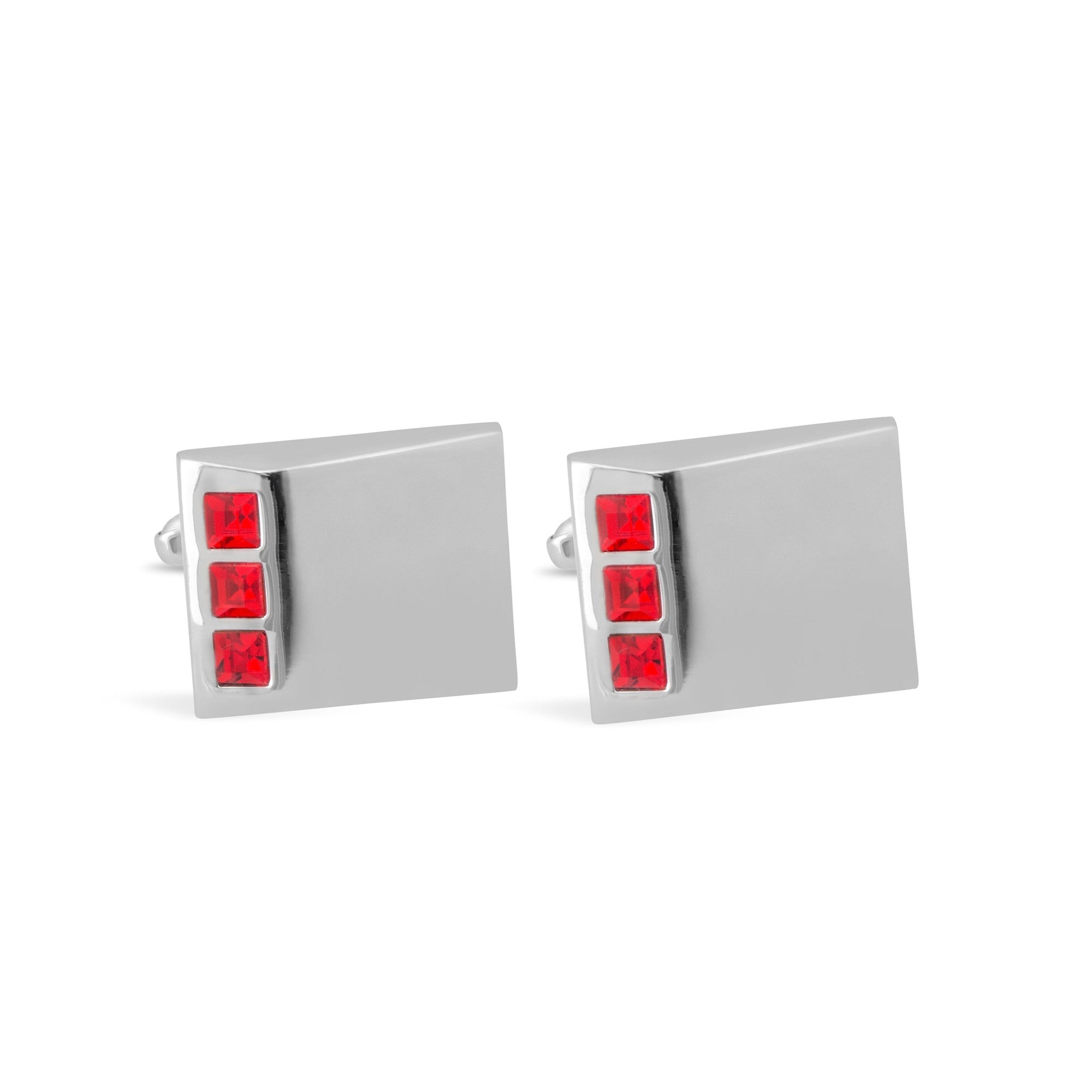 Slanted Slope Silver Cufflinks with Triple Red Crystals-Cufflinks.com.sg