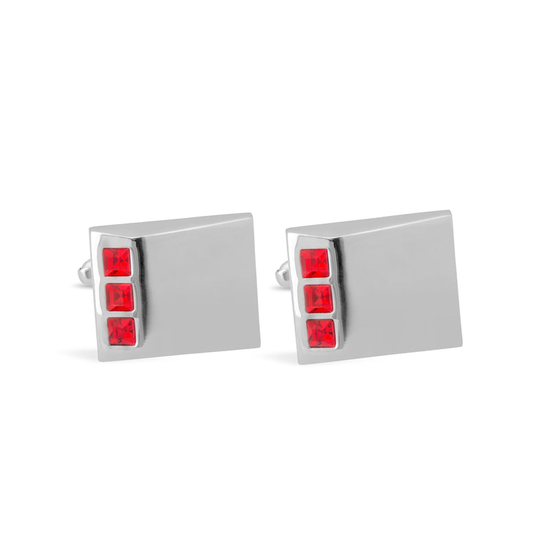 Slanted Slope Silver Cufflinks with Triple Red Crystals-Cufflinks.com.sg